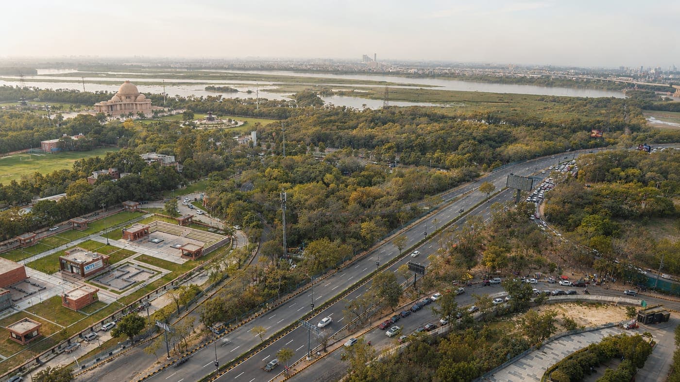 Aerial view of the Yamuna riverfront and Delhi-NCR skyline